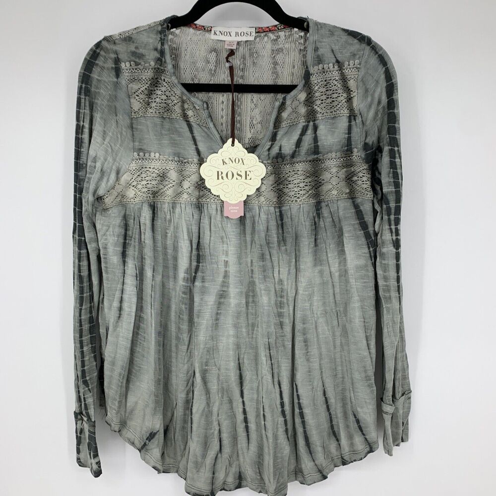 Knox Rose Womens XS Peasant Blouse Crochet Trim Hippie Boho Tie Dye Stretch NEW
